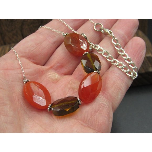 18" Sterling Silver Brown Glass And Orange Stone Necklace Vintage Minimalist - Picture 3 of 6